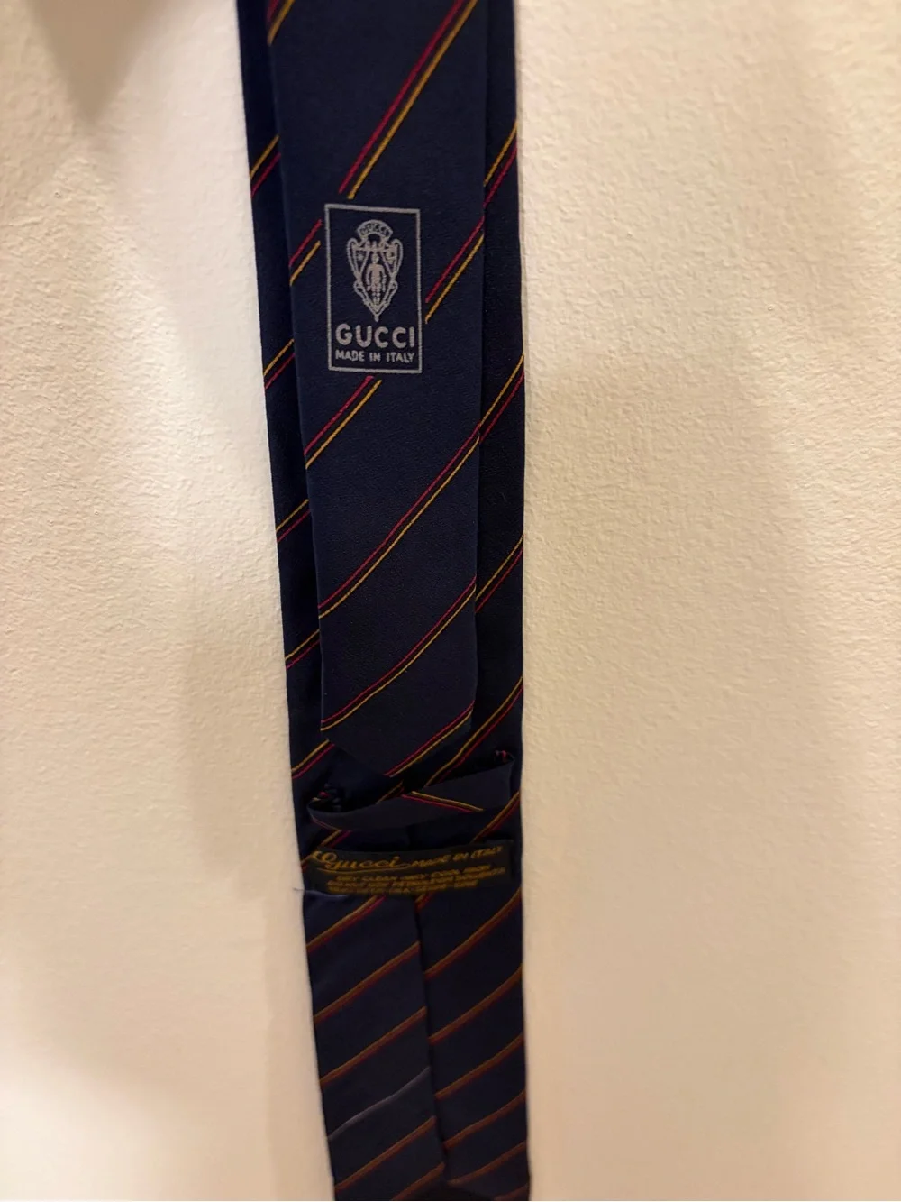 Vintage Gucci Navy Tie with Red and Gold Diagonal Stripes